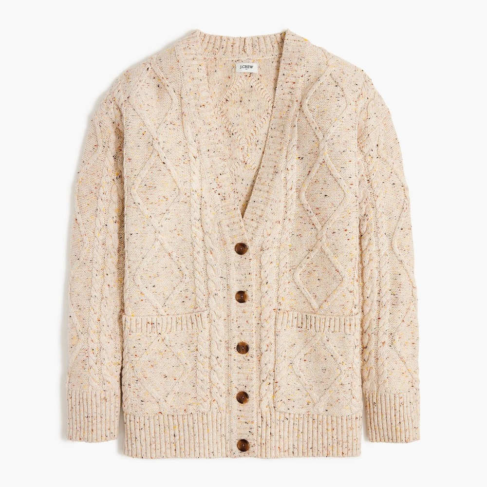 J.Crew Cardigan Sweater Womens L Donegal Long Cable Knit Autumnal Neps Fisherman